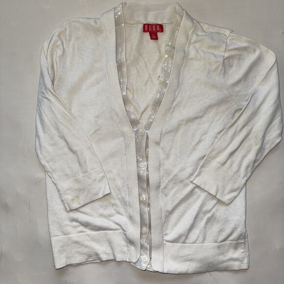 Elle Sweaters - Elle White Sequin Button-Up Cardigan - Size Medium
